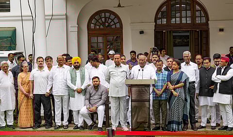 INDIA bloc leaders after meeting at Kharge's residence, in New Delhi, Saturday, June 1, 2024.