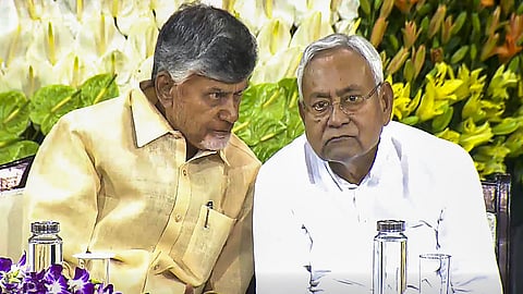 TDP chief N. Chandrababu Naidu and Bihar Chief Minister and JD(U) leader Nitish Kumar during the NDA parliamentary party meeting at Samvidhan Sadan, in New Delhi