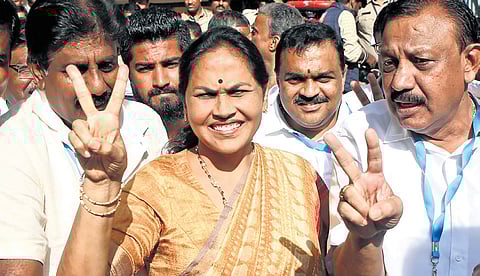 BJP’s Bengaluru North constituency winner Shobha Karandlaje gestures to supporters after her win on Tuesday