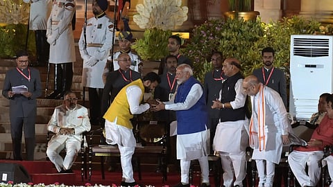 TDP MP Kinjarapu Rammohan Naidu takes oath as the union minister in Delhi.