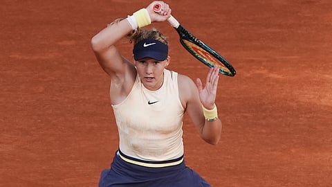 Russia's Mirra Andreeva plays a forehand return to Belarus' Aryna Sabalenka during their women's singles quarter final match at the Roland Garros Complex in Paris on June 5, 2024.