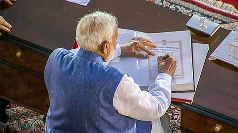 PM-designate Narendra Modi takes oath as Prime Minister for the third consecutive term, at Rashtrapati Bhavan in New Delhi, Sunday, June 9, 2024.