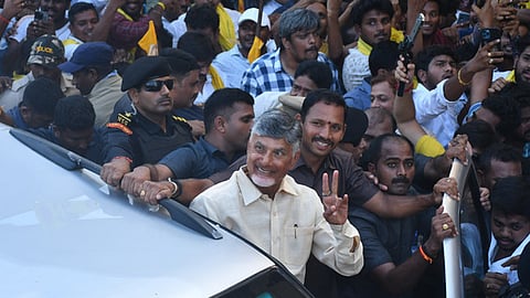TDP supremo N Chandrababu Naidu arrives at the TDP party office at Mangalgiri.
