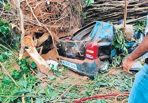 The mangled remains of the car that met with the accident