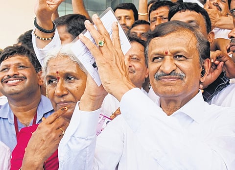 BJP winner from Bangalore Rural Lok Sabha constituency Dr CN Manjunath greets the public in Bengaluru on Tuesday