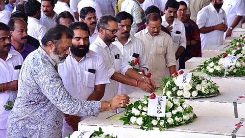 Union Minister of State Suresh Gopi paying his last respects to the victims of the fire tragedy in Kuwait.