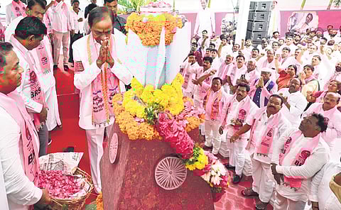 BRS president K Chandrasekhar Rao takes part in the Telangana Formation Day celebrations at Telangana Bhavan in Hyderabad on Sunday