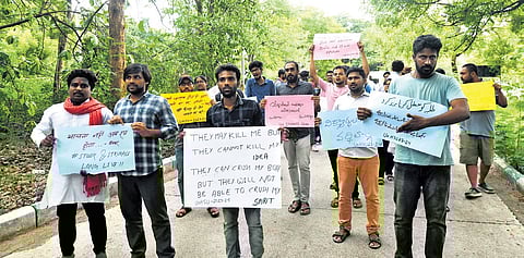 Students of the University of Hyderabad on Monday staged a protest demanding the revocation of the suspension orders.