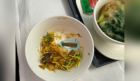 A blade (highlighted in image) was found in a bowl of roasted sweet potato and fig chaat served to a passenger on the Air India flight from Bengaluru to San Francisco on June 9, 2024.