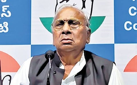 Former MP V Hanumantha Rao during a press meet in Hyderabad on Saturday