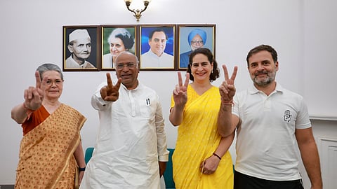 Congress president Mallikarjun Kharge with Sonia Gandhi, Rahul Gandhi and Priyanka Gandhi after Lok Sabha polls.
