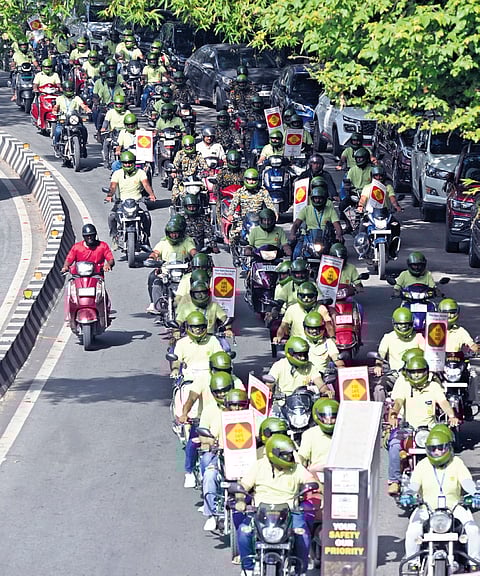 Governor Thaawarchand Gehlot flags off the ‘Ride Safe India’ rally at Raj Bhavan in Bengaluru on Sunday. The rally passed through iconic landmarks like Vidhana Soudha and Cubbon Park before culminating at the The New Indian Express office on Queen’s Road