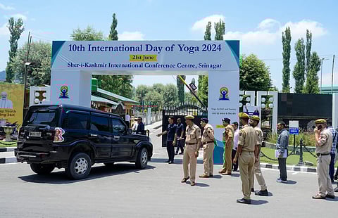 Security personnel sanitise the area near the SKICC on the eve of the International Day of Yoga, in Srinagar, Thursday, June 20, 2024. Security has been tightened in the city and the parts of Kashmir Valley ahead of the visit of Prime Minister Narendra Modi to attend Yoga Day events.
