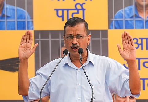 Arvind Kejriwal addresses at the AAP office ahead of his surrender at the Tihar jail, in New Delhi, Sunday, June 2, 2024.