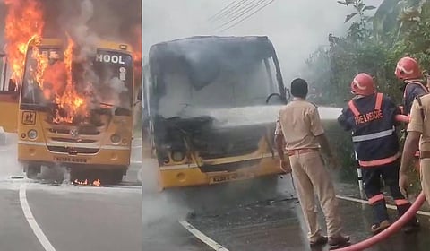 (L-R) The school bus engulfed un flames, fire personnel try to douse the flames.