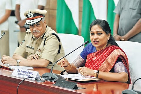 Home Minister V Anitha, along with DGP Ch Dwaraka Tirumala Rao, addressing the media at the DGP office in Mangalagiri on Thursday.
