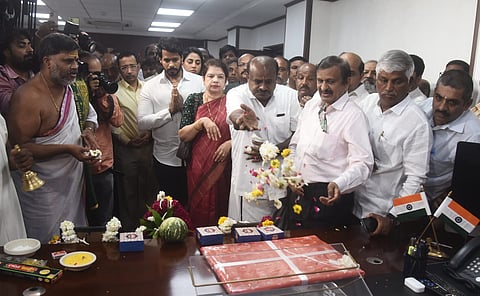 Union Minister HD Kumaraswamy takes charge as Minister of Heavy Industries in New Delhi on Tuesday.
