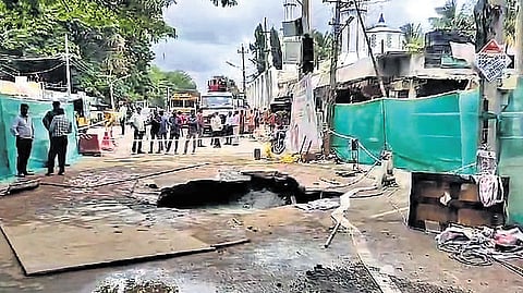 The sinkhole formed on the Nagavara-KG Halli main road on Thursday morning
