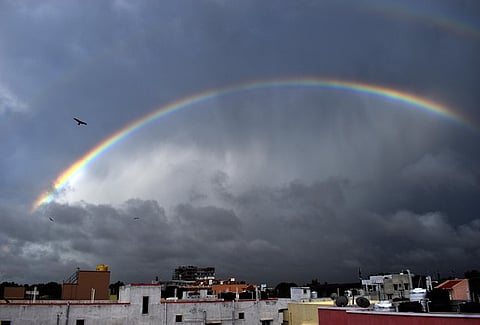A rainbow that appeared in Coimbatore during the first day of southwest monsoon rains 2024.