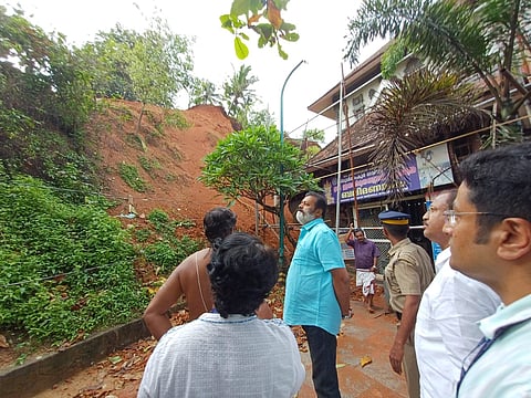 Union minister Suresh Gopi takes a look at the Varkala cliff collapse near Bali Mandapam
