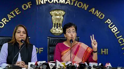 Delhi Minister and AAP leader Atishi (R) along with MCD Mayor Shelly Oberoi, addresses a press conference, in New Delhi, Wednesday, July 31, 2024.