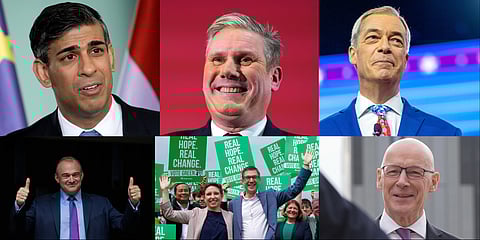 This combination photo shows the leaders of the political parties in Britain. Clockwise from top left are Conservative Party leader Prime Minister Rishi Sunak, Labour Party leader Keir Starmer, Reform UK Party leader Nigel Farage, Liberal Democrat Party leader Ed Davey, Green Party co-leaders Carla Denyer and Adrian Ramsay and Scottish National Party John Swinney.