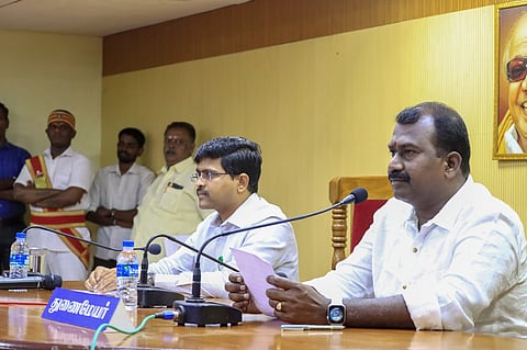 The council meeting of Tirunelveli corporation was chaired by Deputy Mayor K R Raju to accept the resignation of Mayor P M Saravanan