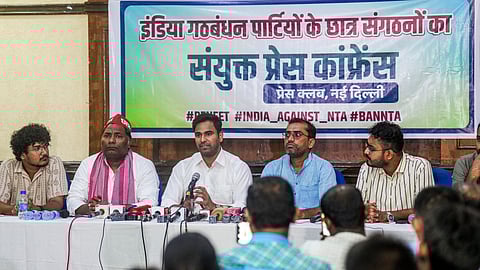 National Students' Union of India President Varun Choudhary along with the leaders of other INDIA bloc student organisations addresses a press conference over the alleged irregularities in NEET-UG 2024 exam, in New Delhi.