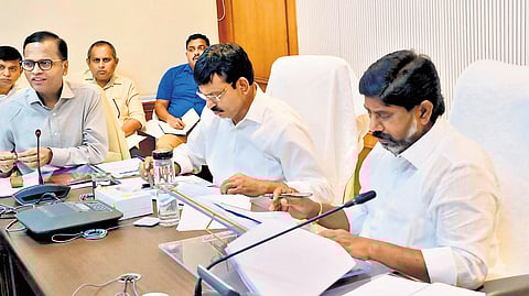Deputy Chief Minister Mallu Bhatti Vikramarka and Revenue Minister Ponguleti Srinivasa Reddy at a review meeting on Indiramma Housing in Hyderabad on Monday