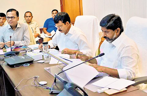 Deputy Chief Minister Mallu Bhatti Vikramarka and Revenue Minister Ponguleti Srinivasa Reddy at a review meeting on Indiramma Housing in Hyderabad on Monday
