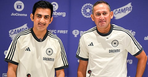 Indian men's cricket team head coach Gautam Gambhir and BCCI Chief selector Ajit Agarkar during a press conference ahead of the team's Sri Lanka tour, in Mumbai