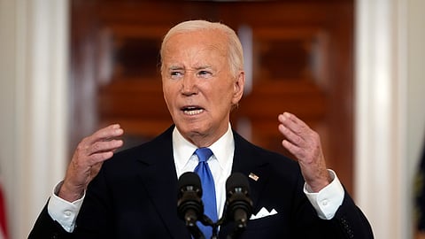 US President Joe Biden speaks in the Cross Hall of the White House on Monday, July 1, 2024, in Washington.