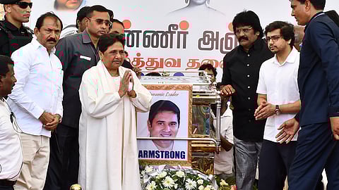Bahujan Samaj Party (BSP) chief Mayawati paying her last respects to the mortal remains of party leader K. Armstrong, who was hacked to death by a six-member gang, in Chennai.