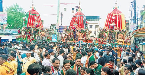 Decorated chariots of the Trinity at Chandni Chowk temple