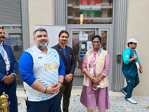 Chef de mission Gagan Narang and Indian Olympic Association president PT Usha (R) with deputy chef de mission Shiva Keshavan (C) inside the Games Village on Friday.