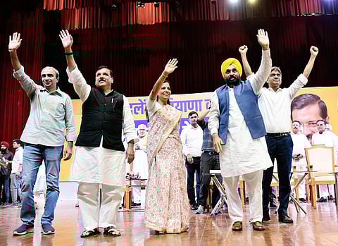AAP leaders Sandeep Pathak, Sanjay Singh, Punjab Chief Minister Bhagwant Mann and Delhi Chief Minister Arvind Kejriwal's wife Sunita Kejriwal during the launch of the party's election manifesto for the Haryana Assembly polls.