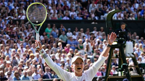 Barbora Krejcikova of the Czech Republic celebrates after defeating Jasmine Paolini of Italy in the women's singles final at Wimbledon (Photo | AP)