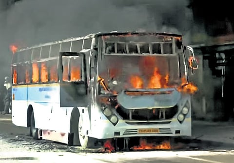 The bus was completely gutted by the fire. Ten passengers had a narrow escape