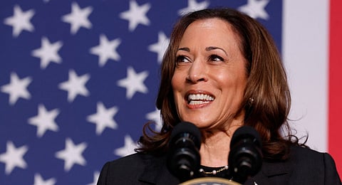 Vice President Kamala Harris speaks during a political event at the Air Zoo Aerospace & Science Experience in Portage, Michigan, on July 17, 2024.