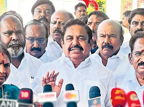 AIADMK general secretary EPS talking to reporters in Madurai on Sunday