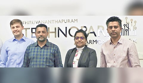 Col Sanjeev Nair (retd), CEO, Technopark (centre), with the UK delegation led by Joshua Bamford (second from left), head of Tech and Innovation, British High Commission in India, at Technopark in Thiruvananthapuram.