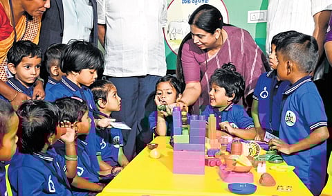 Women and Child Welfare Minister Lakshmi Hebbalkar inaugurates the Government Montessories in Bengaluru on Monday
