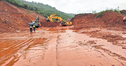 Restoration of highway in progress at the landslide spot in Shirur