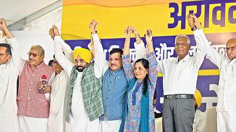 Senior leaders of the INDIA bloc assembled at Jantar Mantar on Tuesday.