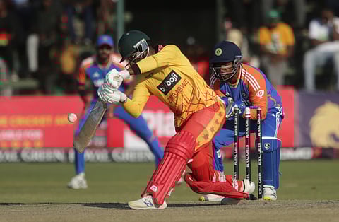 Zimbabwe's top-scorer Dion Myers plays a shot during the third T20 match between Zimbabwe and India, at the Harare Sports Club, in Harare, Wednesday, July 10, 2024.