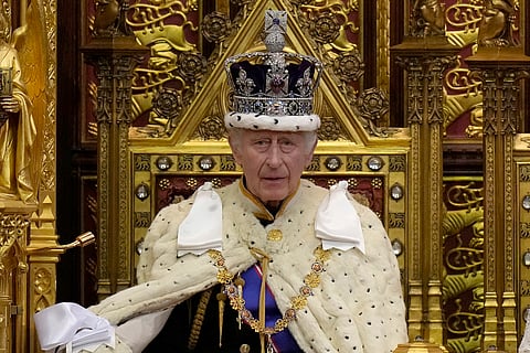 Britain's King Charles III pauses during the State Opening of Parliament at the Palace of Westminster in London on Nov. 7, 2023.