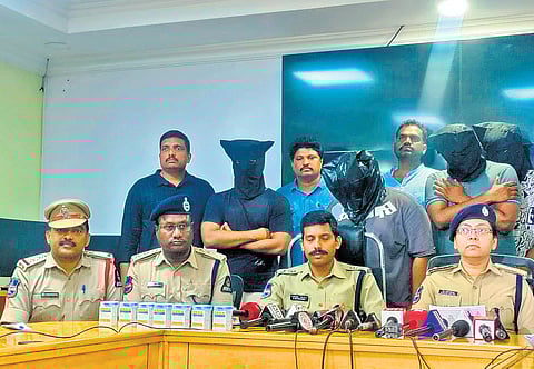 TGANB SP Sai Chaitanya and North Zone DCP Reshmi Perumal along with Karkhana police address the media at the North Zone DCP office in Hyderabad on Wednesday