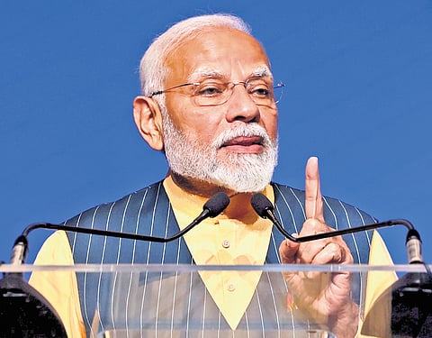 Prime Minister Narendra Modi addresses members of the Indian community during a programme in Vienna on Wednesday.