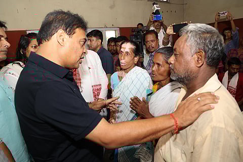 Assam CM Himanta visits the relief camps to meet flood victims.
