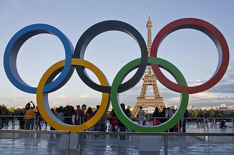 The Olympic rings are set up at Trocadero plaza that overlooks the Eiffel Tower, a day after the official announcement that the 2024 Summer Olympic Games will be in the French capital, in Paris, Thursday, Sept. 14, 2017.